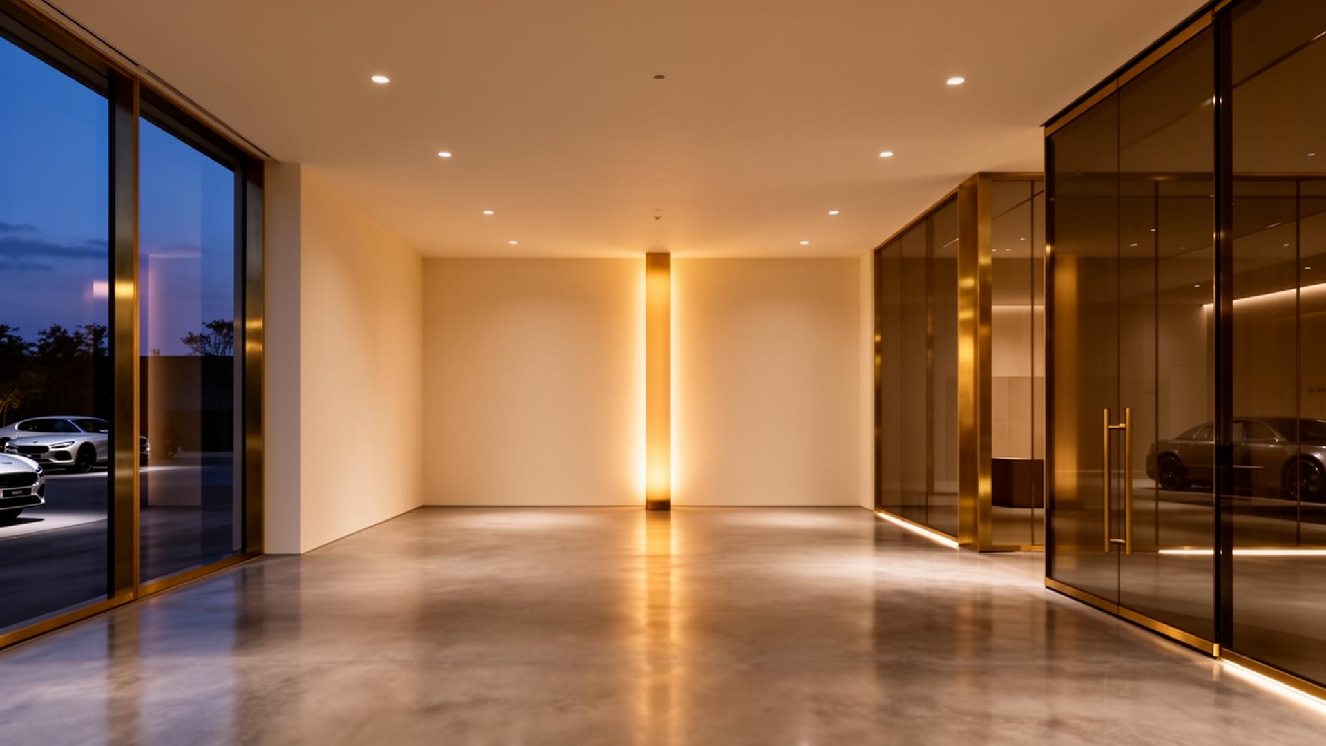 Architectural showroom — quiet luxury at dusk